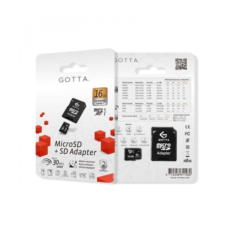 MEMORIA GOTTA MICRO SD 16GB CLASE 10 + SD ADAPTER